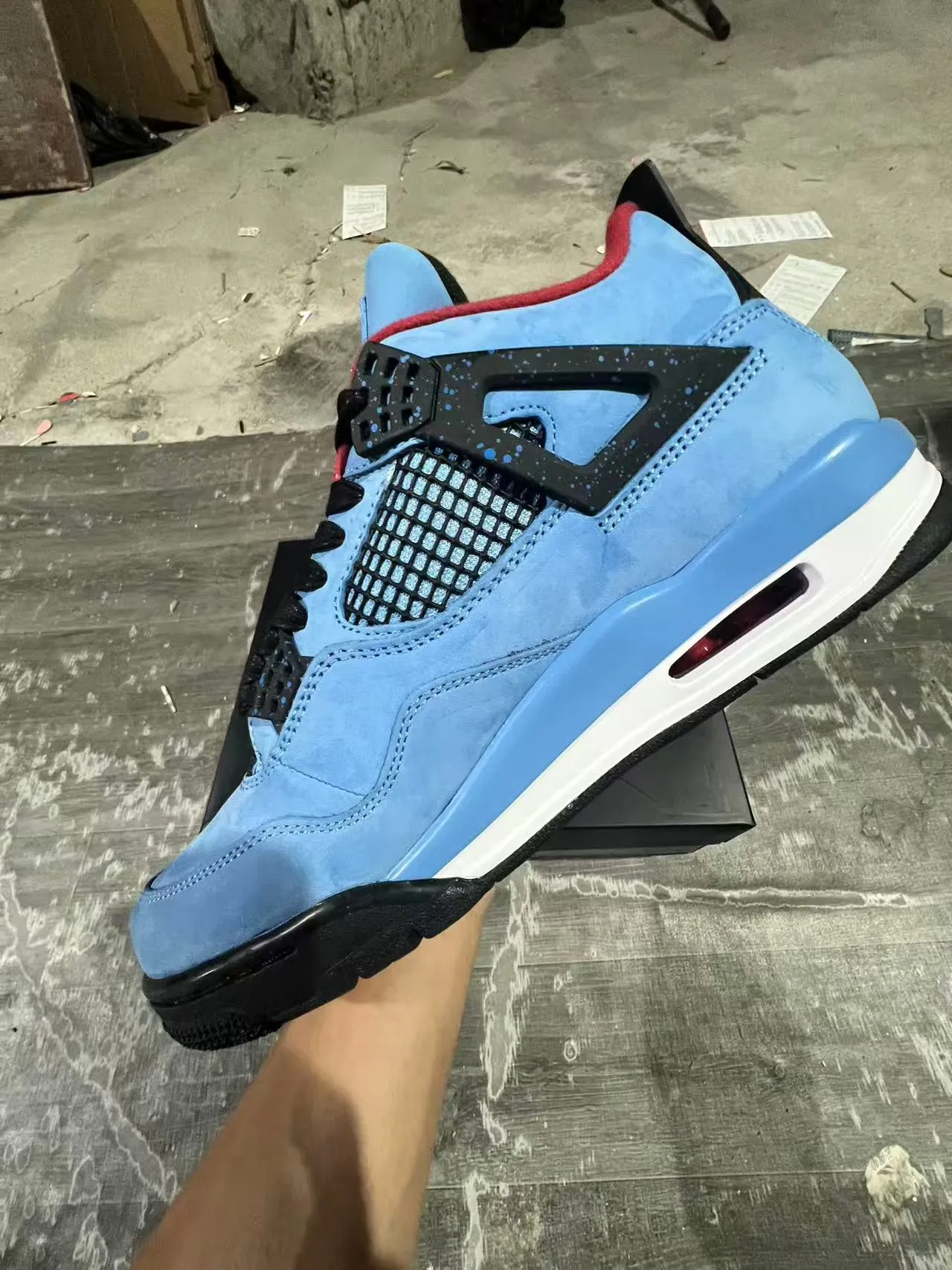 Air Jordan 4 Azul Claro Suede Preto Branco Vermelho Tênis de Basquete 10