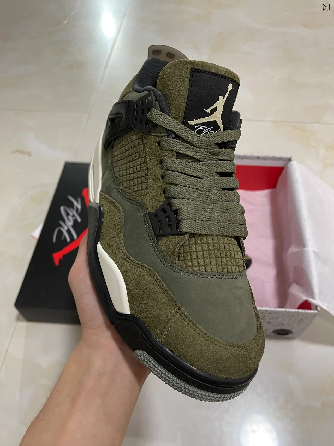 Air Jordan 4 Olive Green Suede and Mesh Basketball Shoes 2