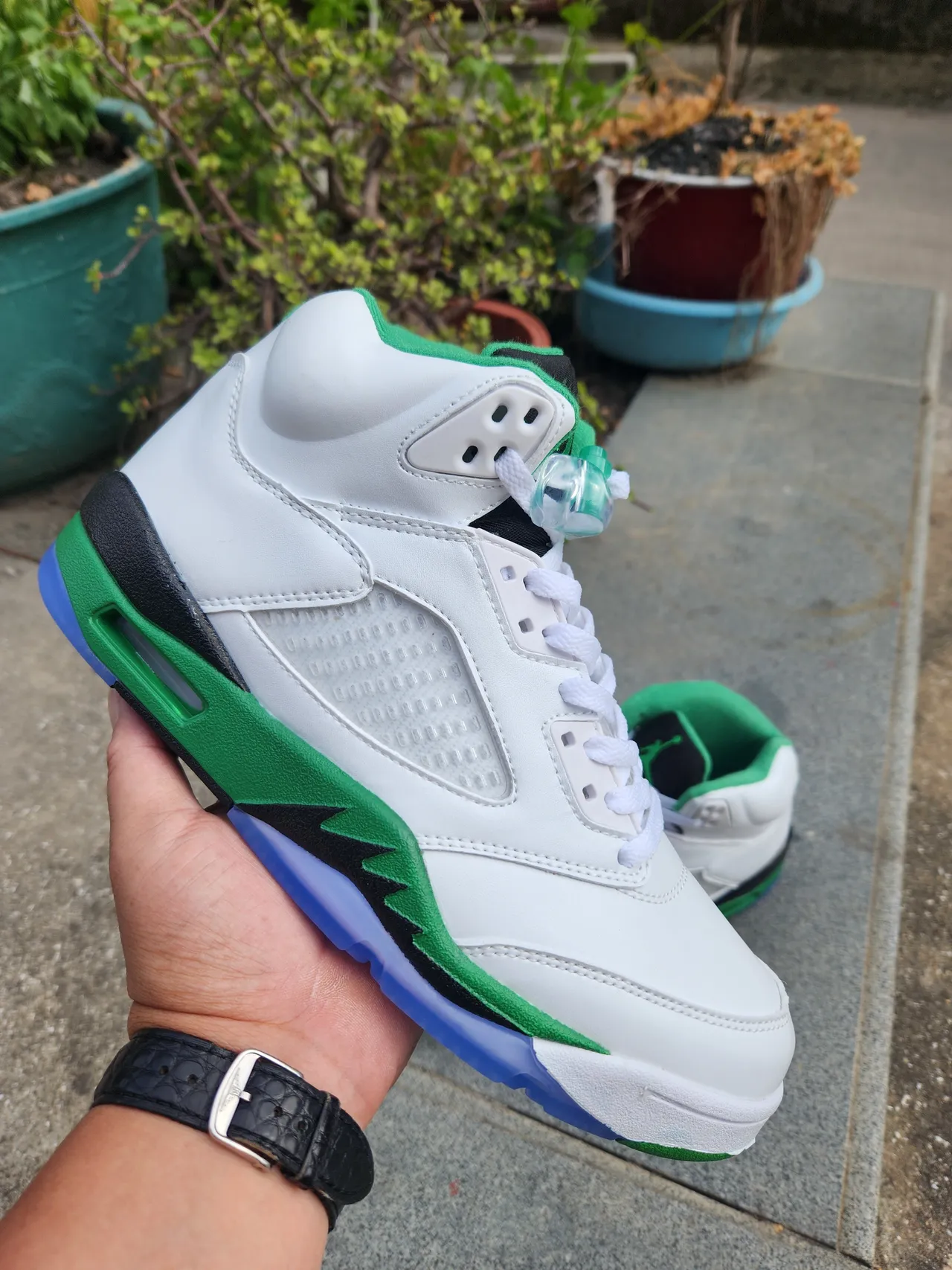 Chaussures de basketball Air Jordan 5 blanc vert noir bleu 3