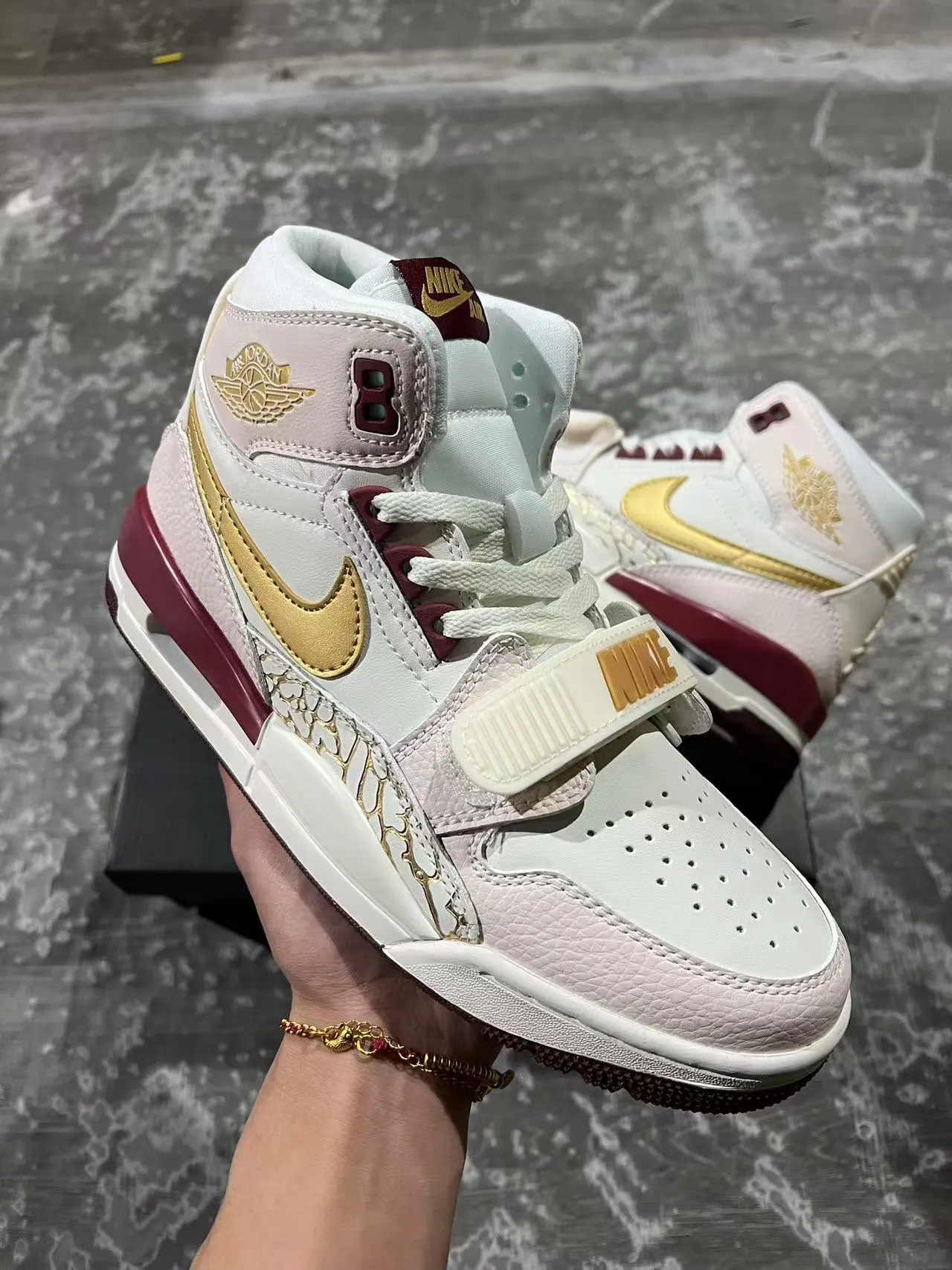 Air Jordan 8 White Burgundy High-Top Strapped Closure Basketball Shoes 2
