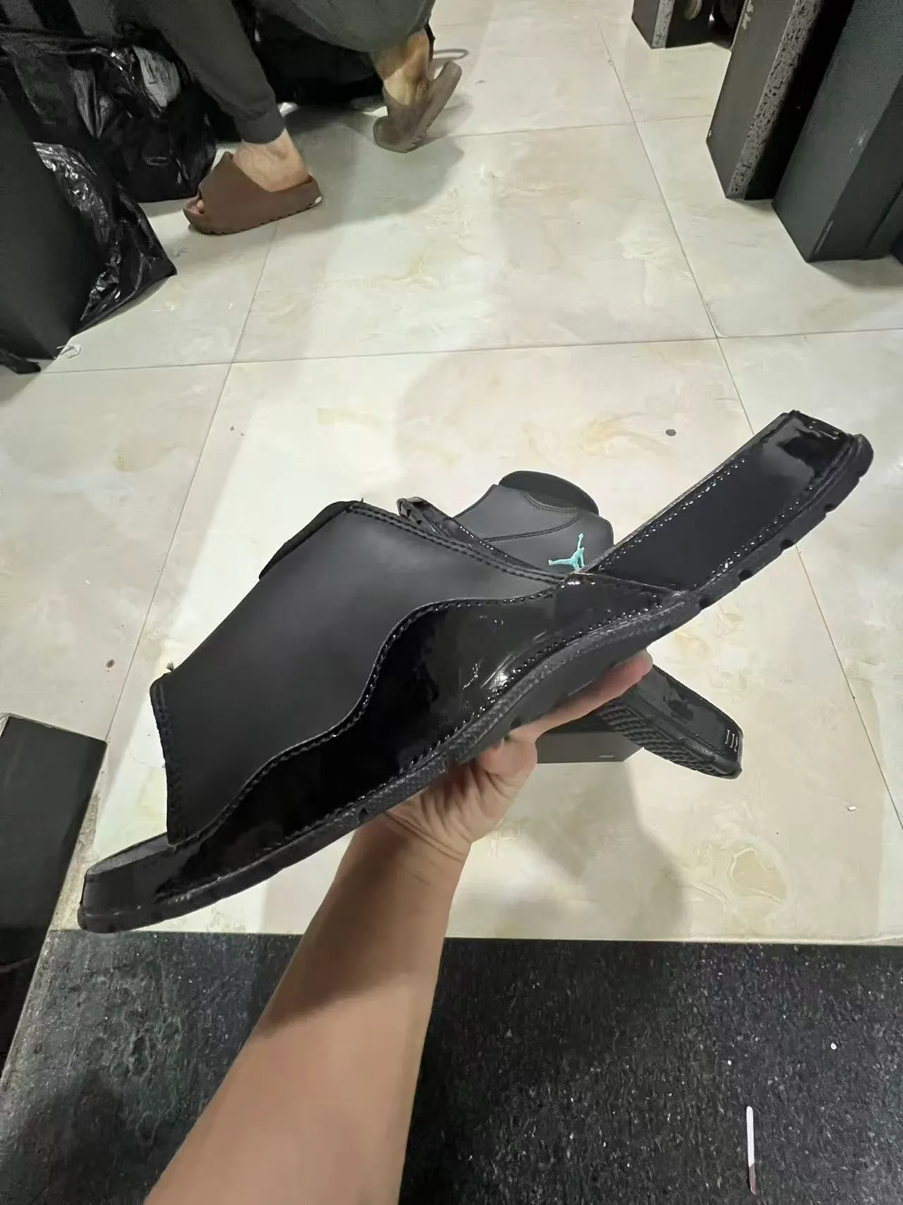 Air Jordan Slide Black Blue Glossy Patent-Like Toe Bumper Molded Strap Construction Slippers 4