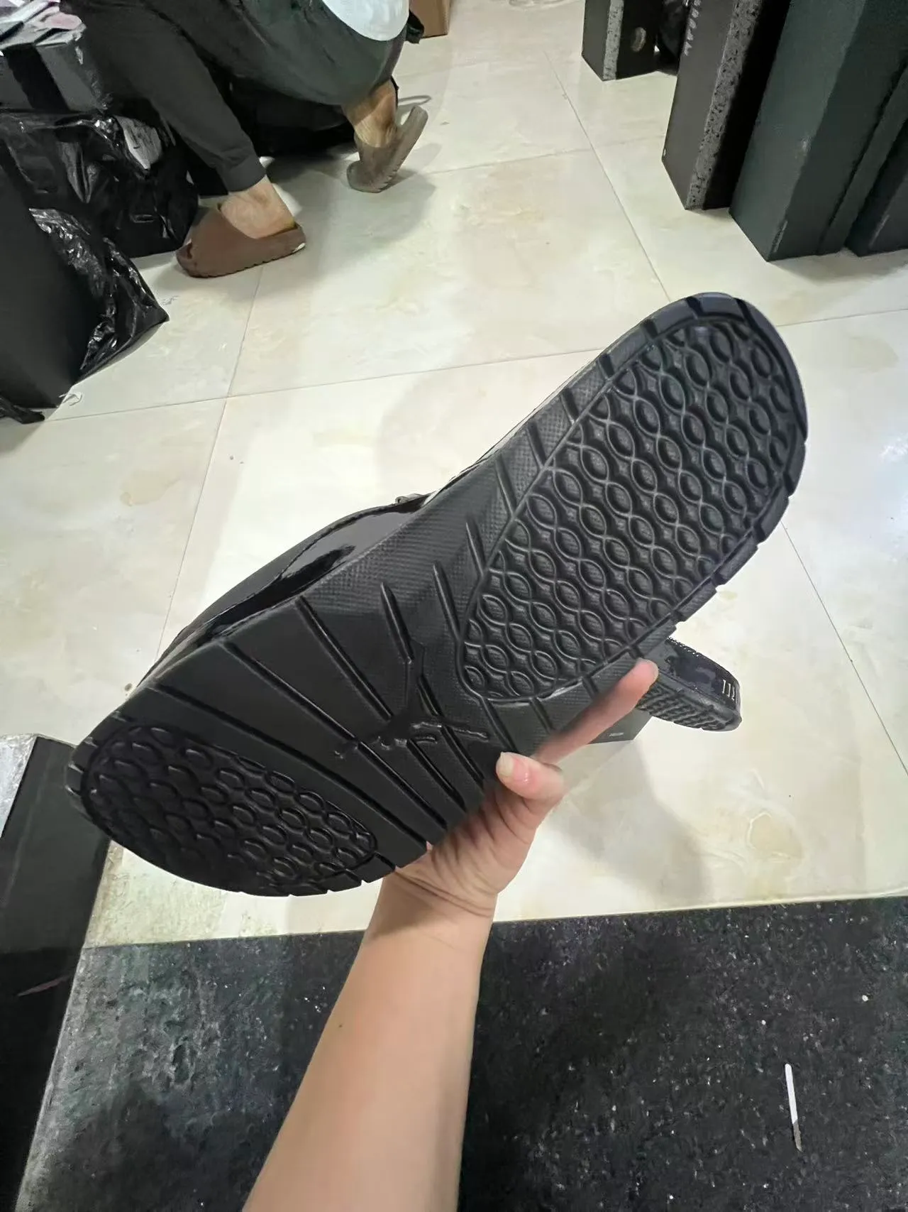 Air Jordan Slide Black Blue Glossy Patent-Like Toe Bumper Molded Strap Construction Slippers 9