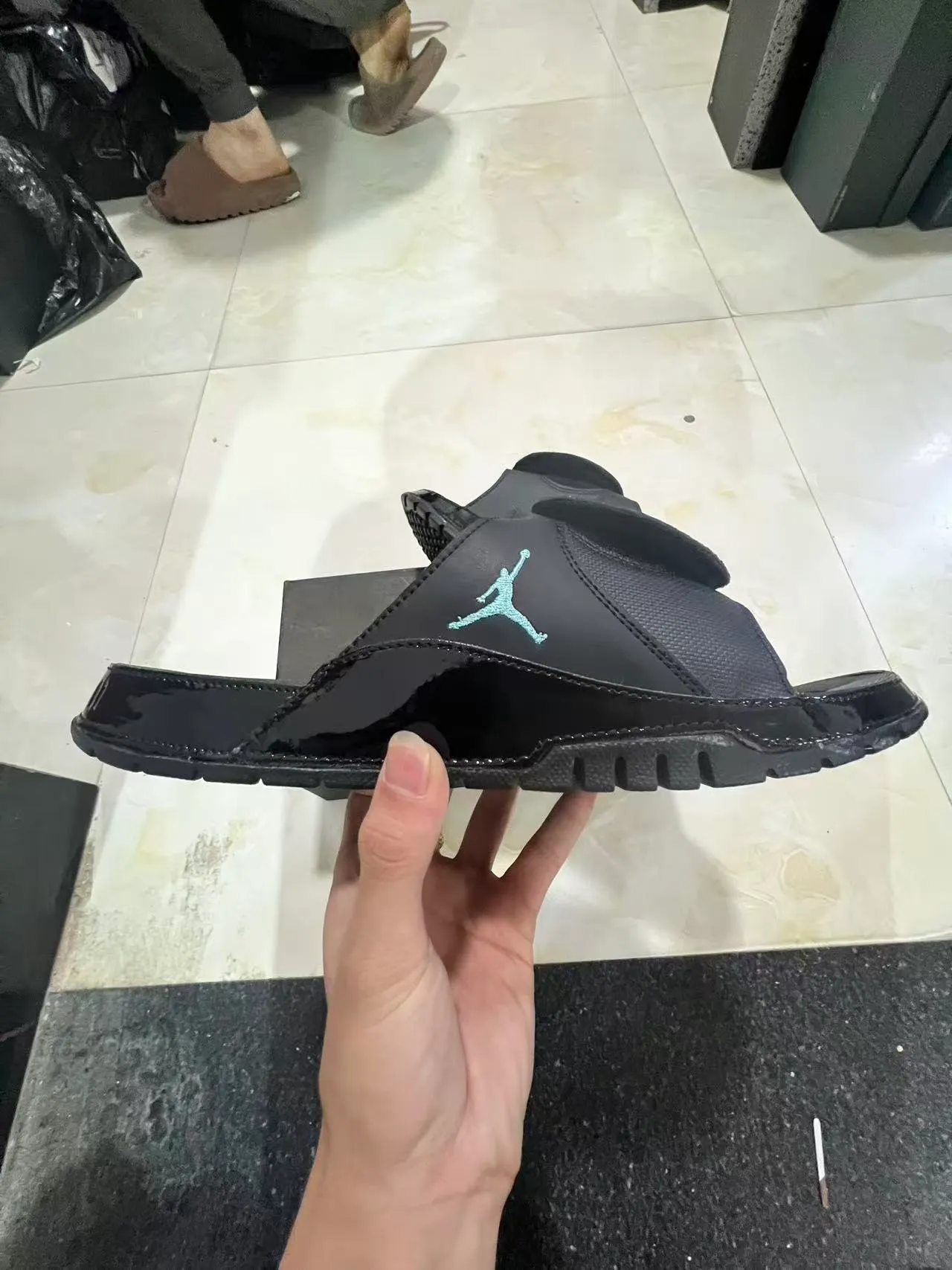 Air Jordan Slide Black Blue Glossy Patent-Like Toe Bumper Molded Strap Construction Slippers 5