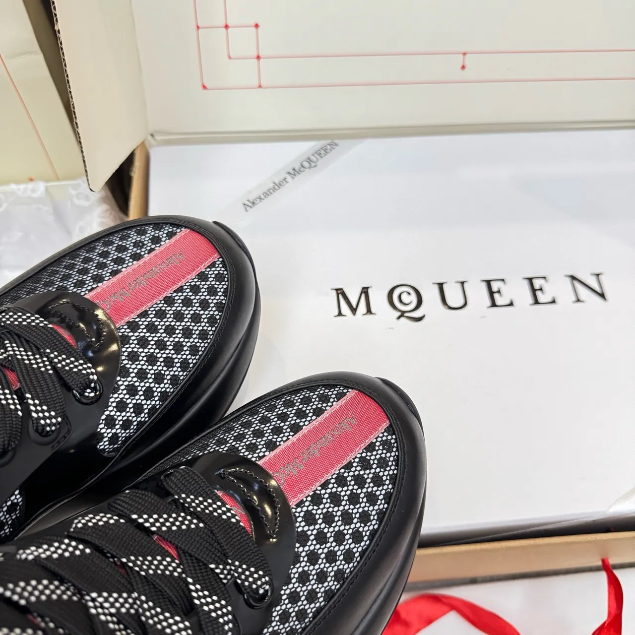Alexander McQueen Black Red Oversized Platform Sole Mesh And Leather Paneling Chunky Sneakers 2
