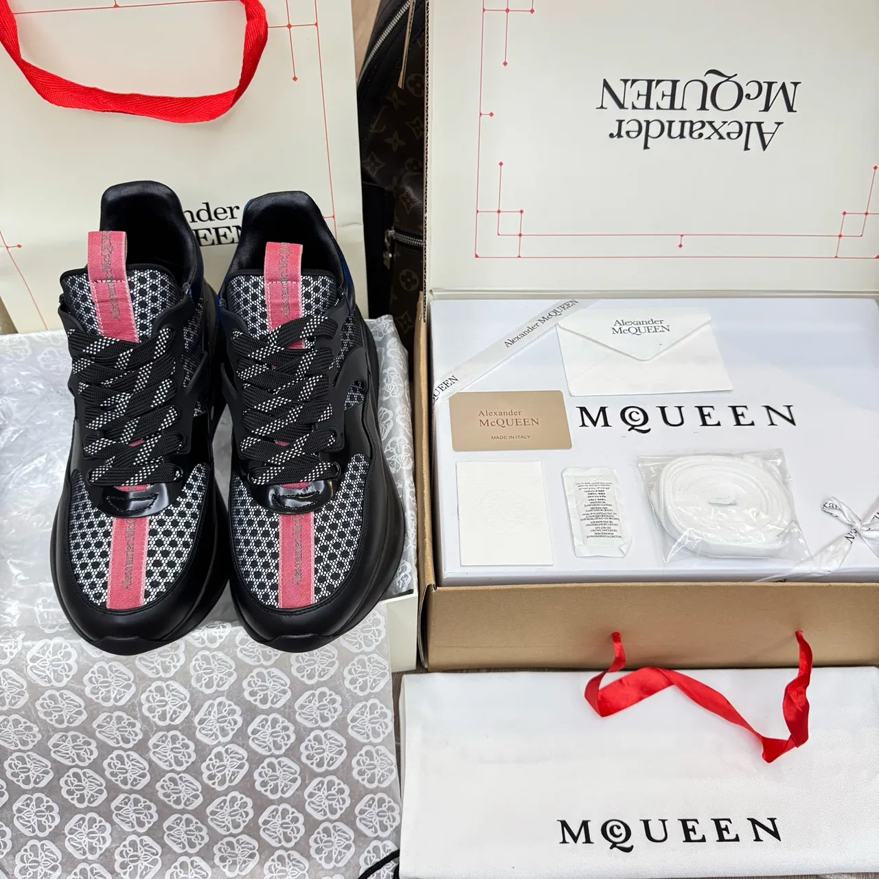Alexander McQueen Black Red Oversized Platform Sole Mesh And Leather Paneling Chunky Sneakers 3