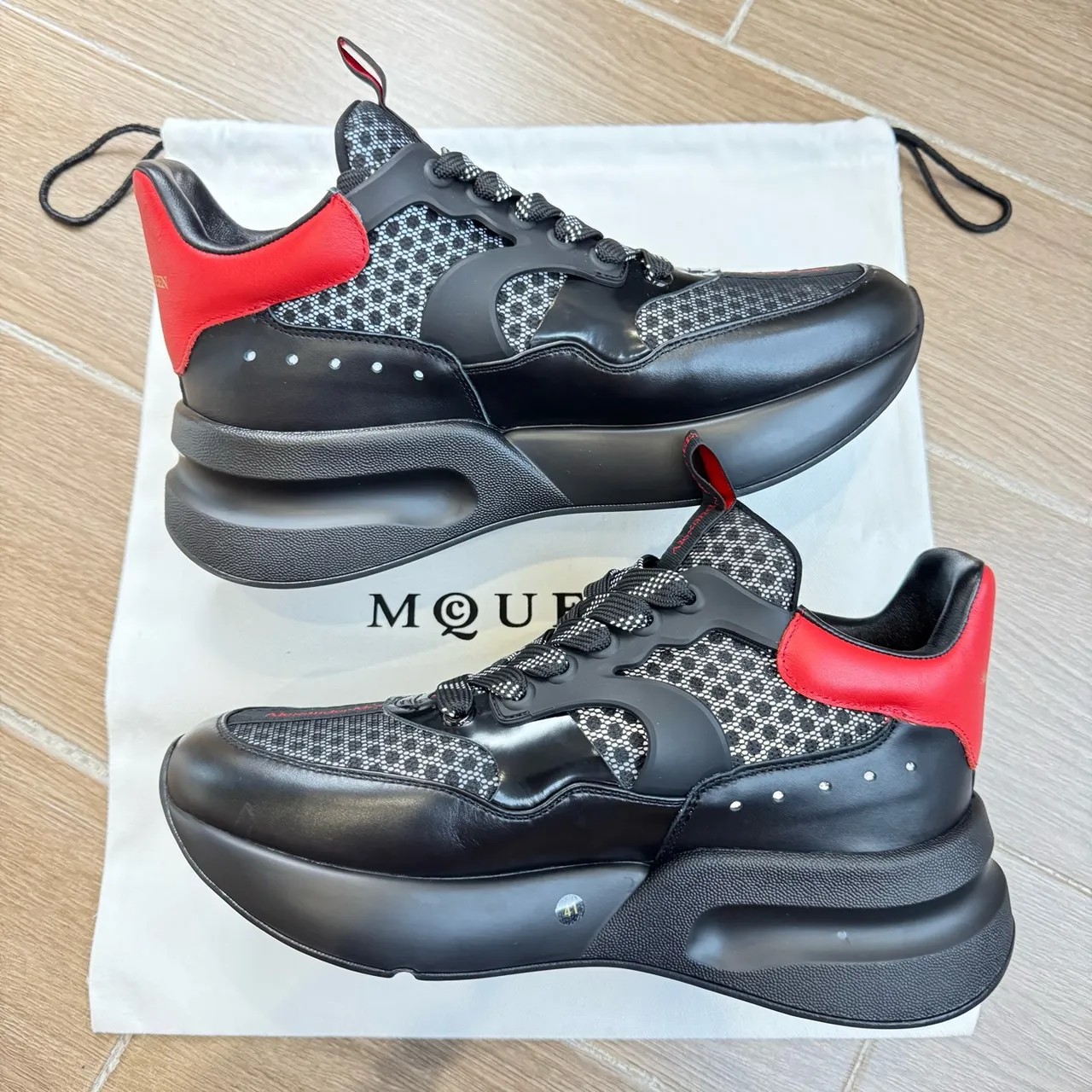 Alexander McQueen Black Red Oversized Platform Sole Mesh And Leather Paneling Chunky Sneakers 4
