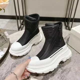 Alexander McQueen Black White Chunky Platform Sole Ribbed Elastic Collar Ankle Boots