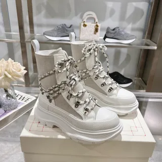 Alexander McQueen Oversized Sneaker Gray White Platform Sole Mixed Suede And Textile Upper Ankle Boots