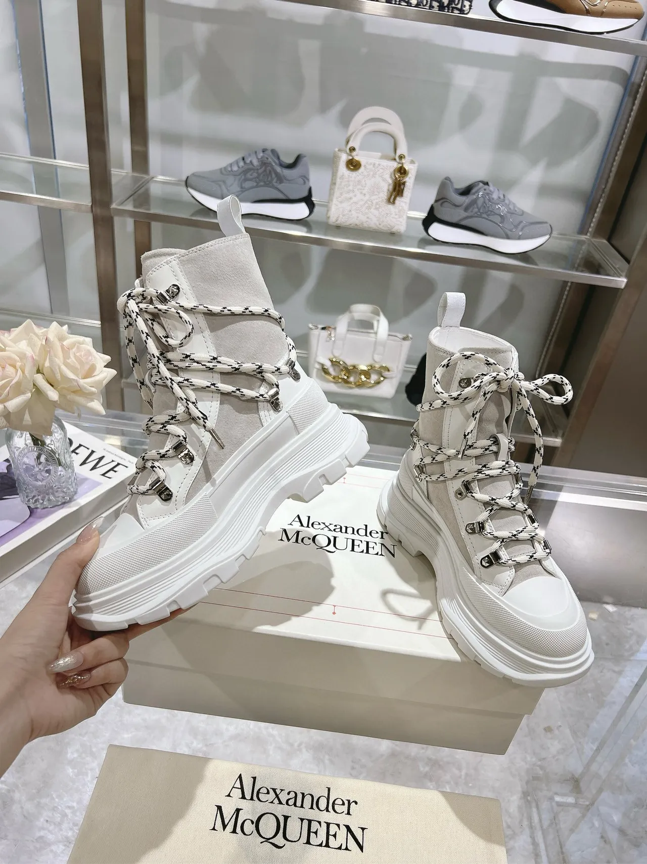 Alexander McQueen Oversized Sneaker Gray White Platform Sole Mixed Suede And Textile Upper Ankle Boots 4