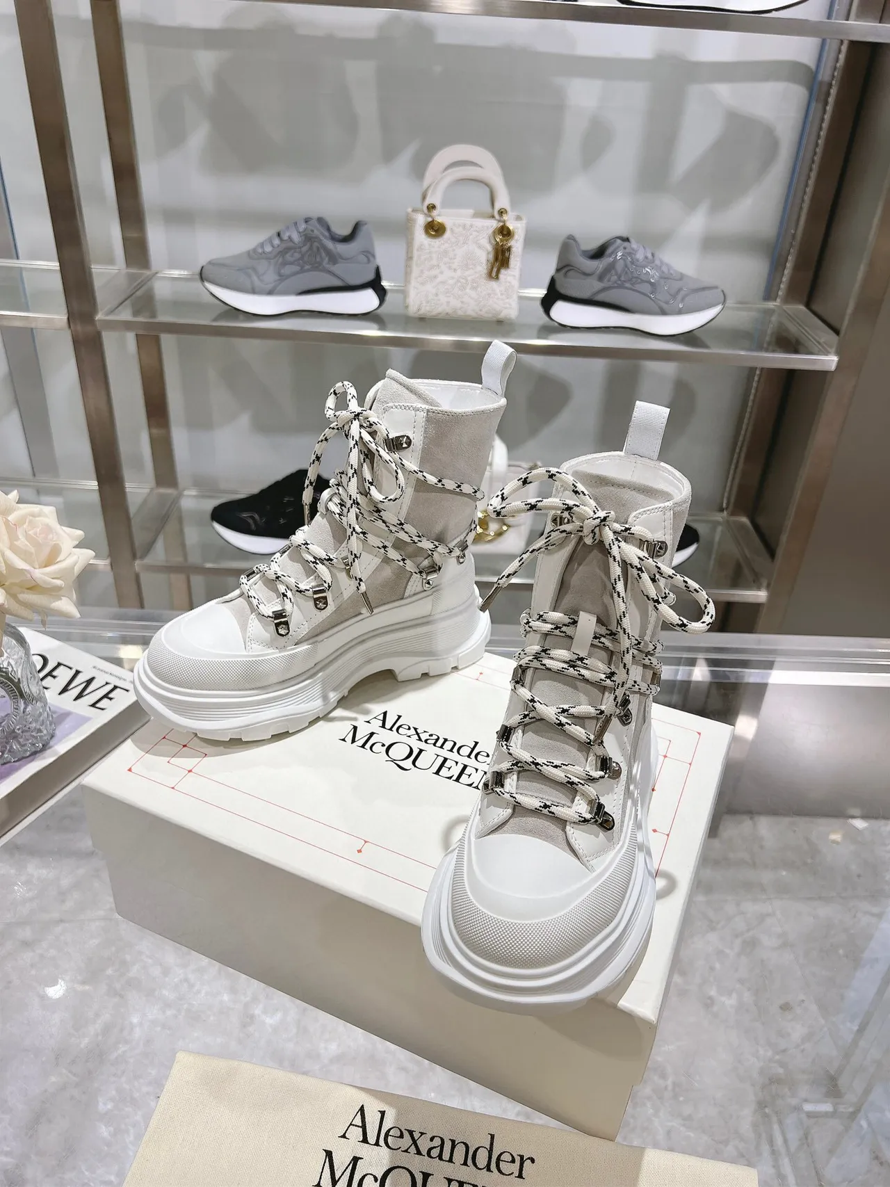 Alexander McQueen Oversized Sneaker Gray White Platform Sole Mixed Suede And Textile Upper Ankle Boots 9