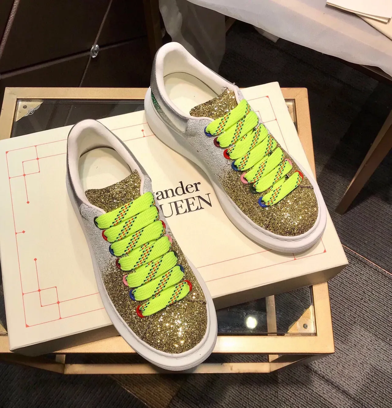 Alexander McQueen Oversized Sneaker Silver Gold Platform Sole Glitter Gradient Upper Lifestyle Sneakers 6
