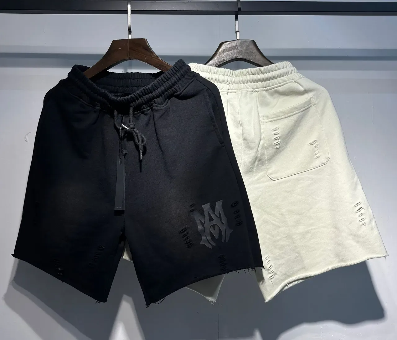Amiri Black Beige Distressed Hem Ribbed Elastic Waist Shorts 5