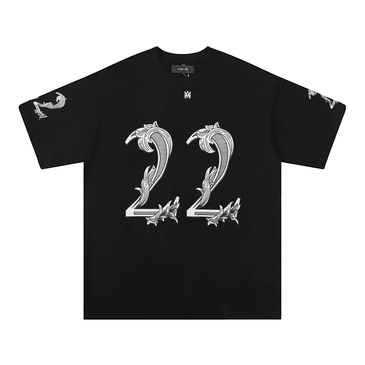 Amiri Black White Ornate Baroque-Style Numeral Print Contrast-Color Graphic T-Shirt 3