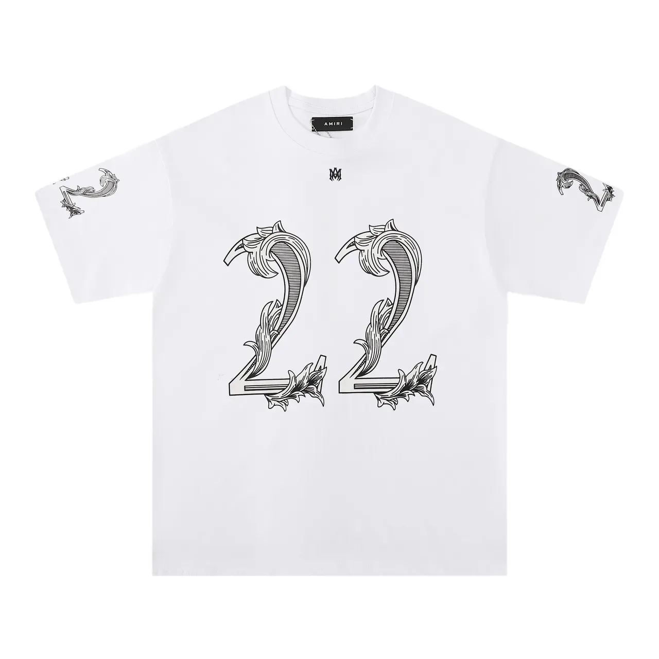 Amiri Black White Ornate Baroque-Style Numeral Print Contrast-Color Graphic T-Shirt 5