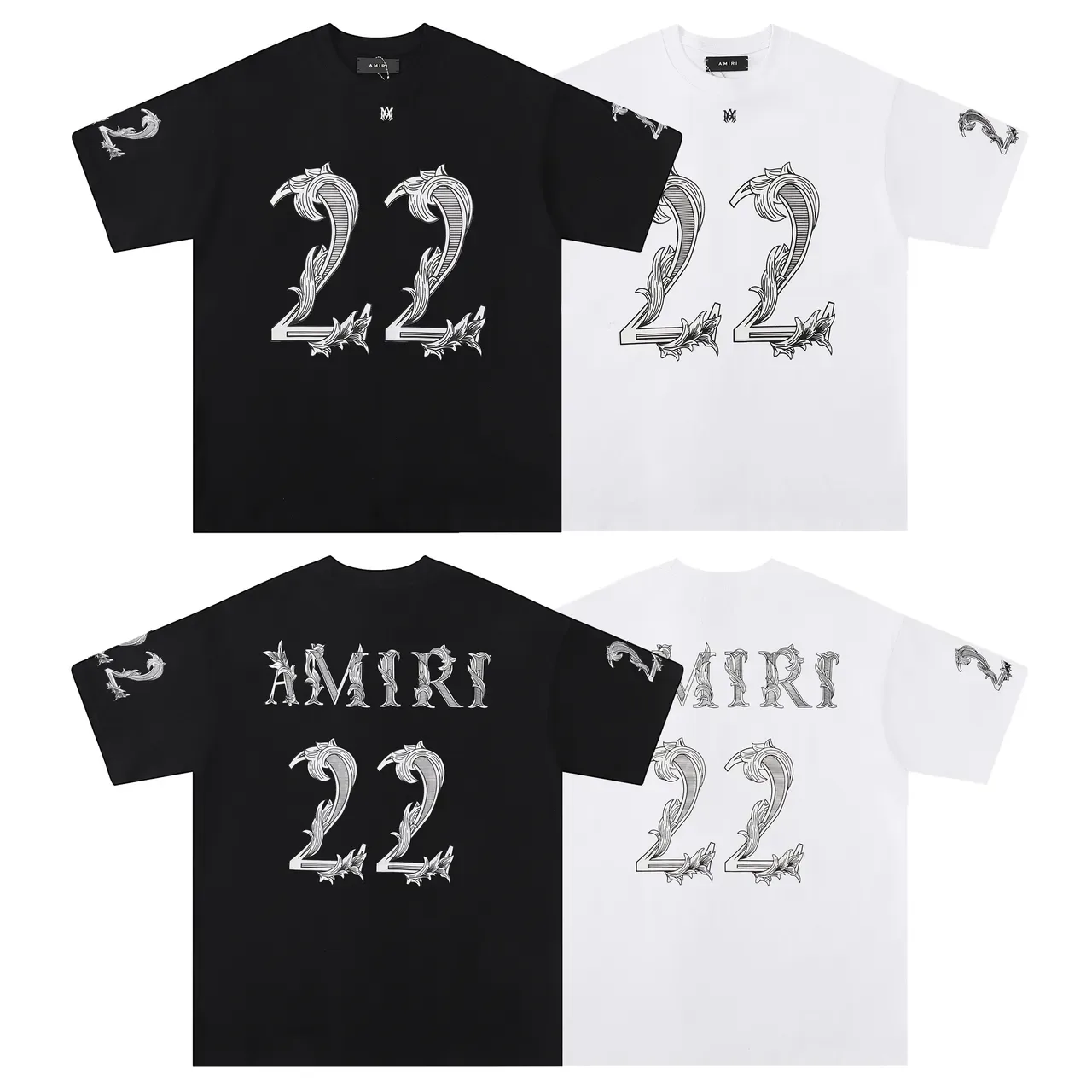 Amiri Black White Ornate Baroque-Style Numeral Print Contrast-Color Graphic T-Shirt 6