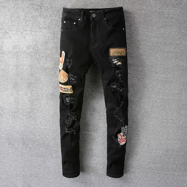 Amiri Distressed Embellished Slim-Fit Black Jeans 6