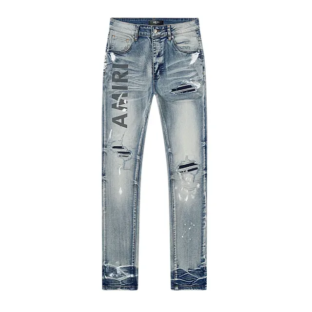 Amiri Distressed Logo-Print Light Blue Paint-Splatter Slim-Fit Jeans 2