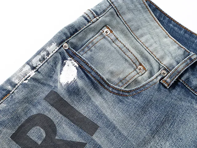 Amiri Distressed Logo-Print Light Blue Paint-Splatter Slim-Fit Jeans 14
