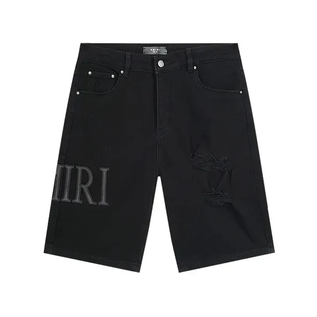 Amiri Embroidered Distressed Black Denim Shorts 2