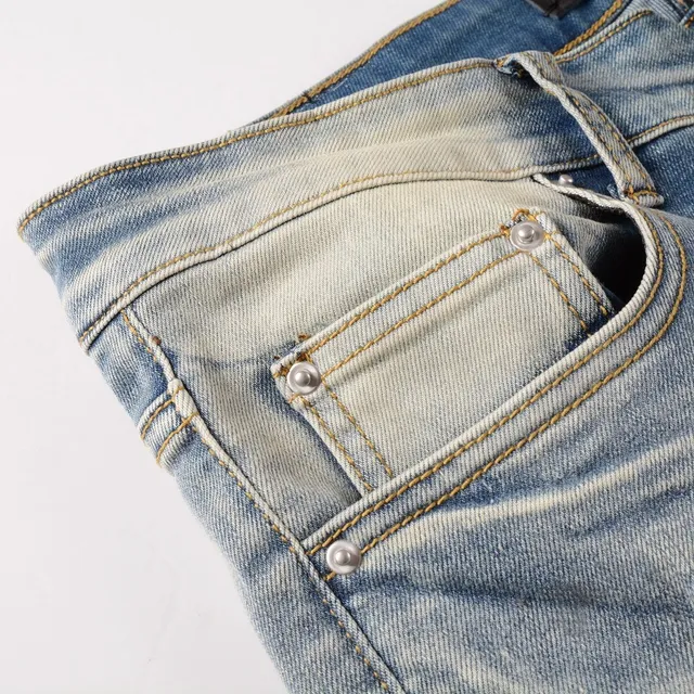 Amiri Skel Top Blue Beige Distressed Slim-Fit Jeans 14
