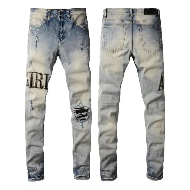 Amiri Skel Top Blue Beige Distressed Slim-Fit Jeans 18
