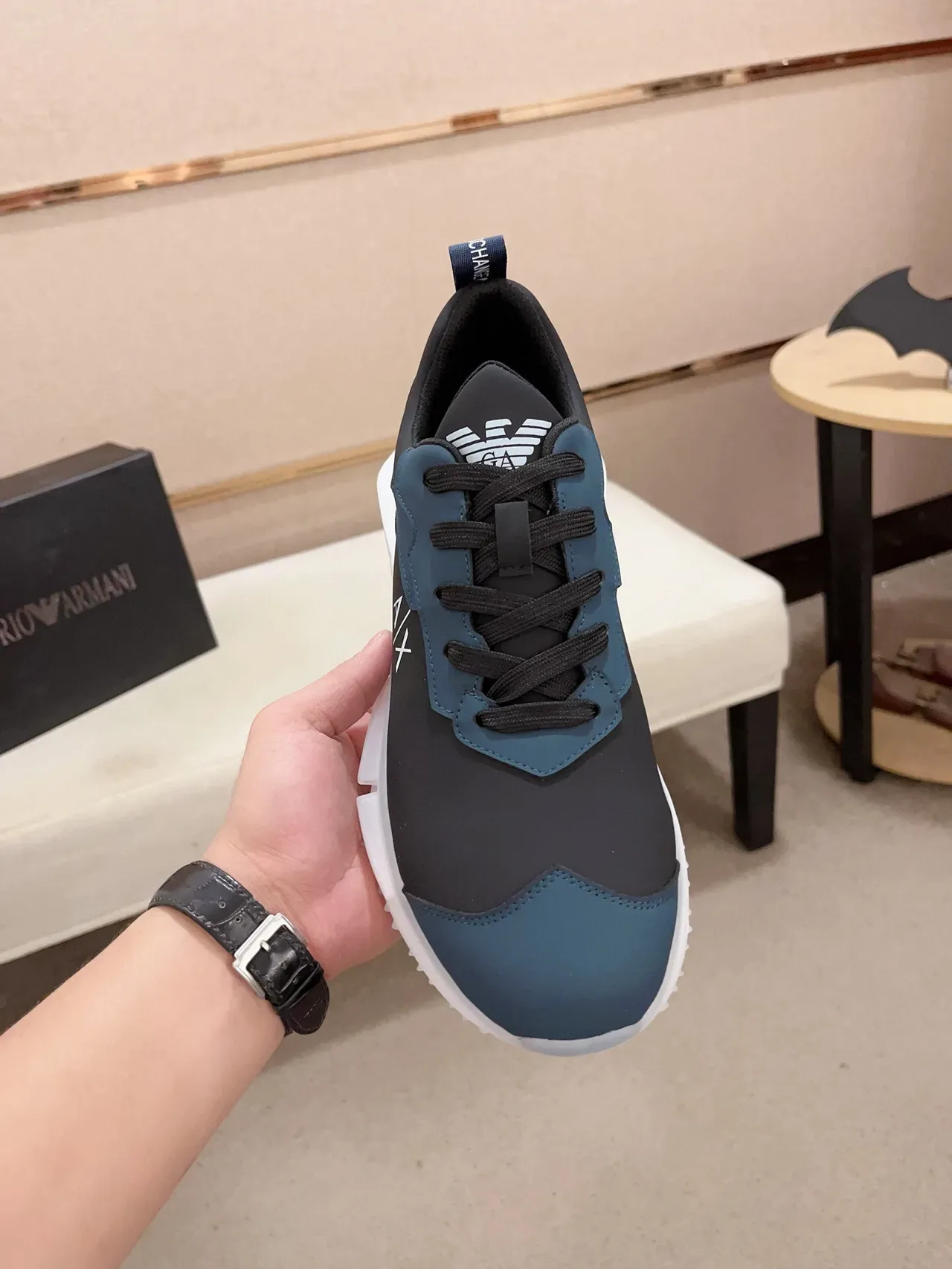 Armani Exchange Navy Black Mixed-Material Upper Sculpted Translucent Sole Sneakers 2