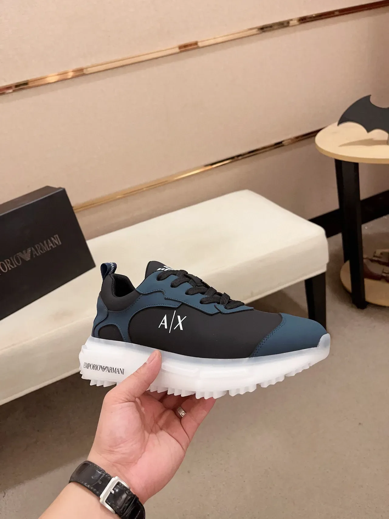 Armani Exchange Navy Black Mixed-Material Upper Sculpted Translucent Sole Sneakers 3