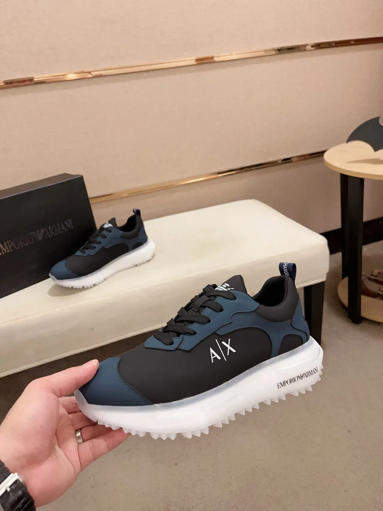 Armani Exchange Navy Black Mixed-Material Upper Sculpted Translucent Sole Sneakers 4