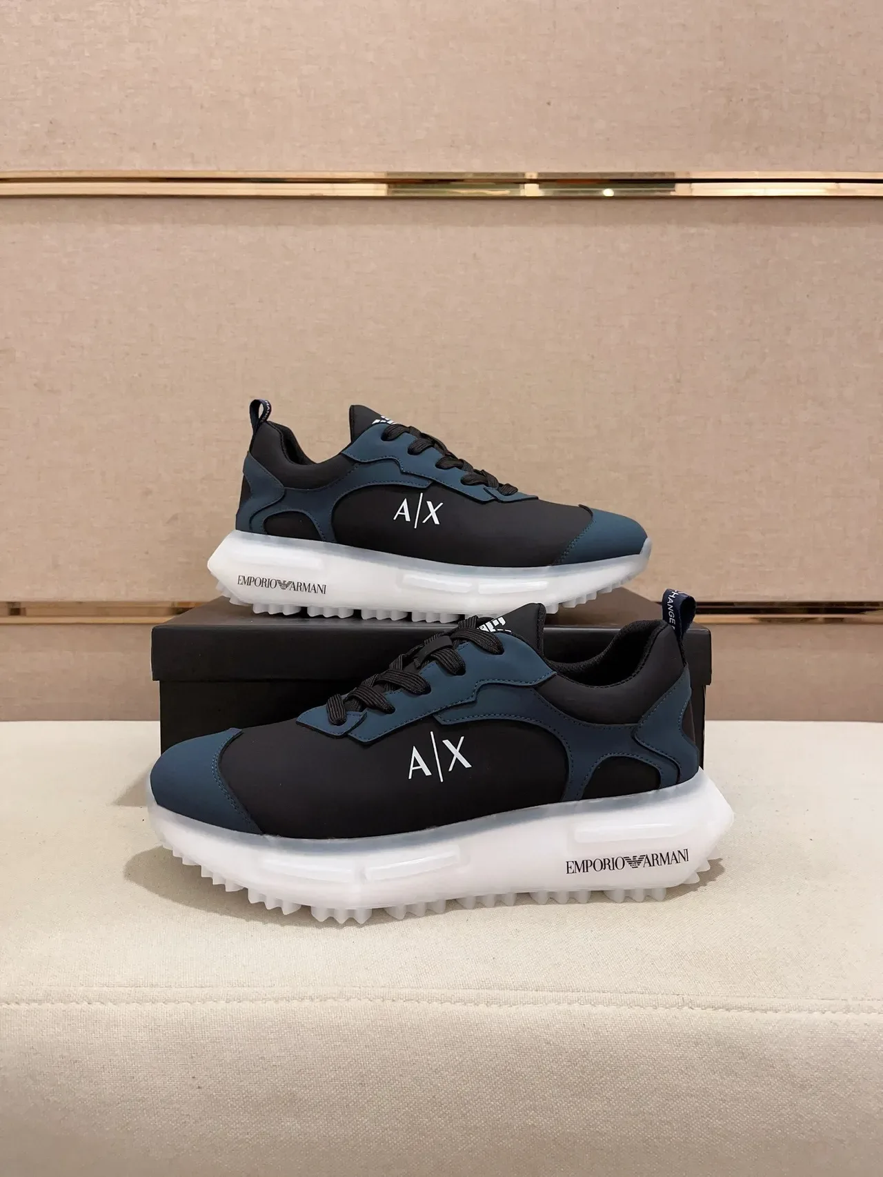 Armani Exchange Navy Black Mixed-Material Upper Sculpted Translucent Sole Sneakers 7