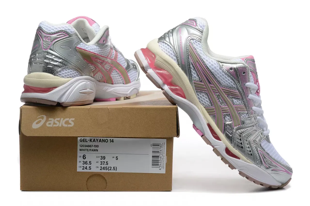 ASICS Gel-Kayano White Silver Pink Running Shoes 6
