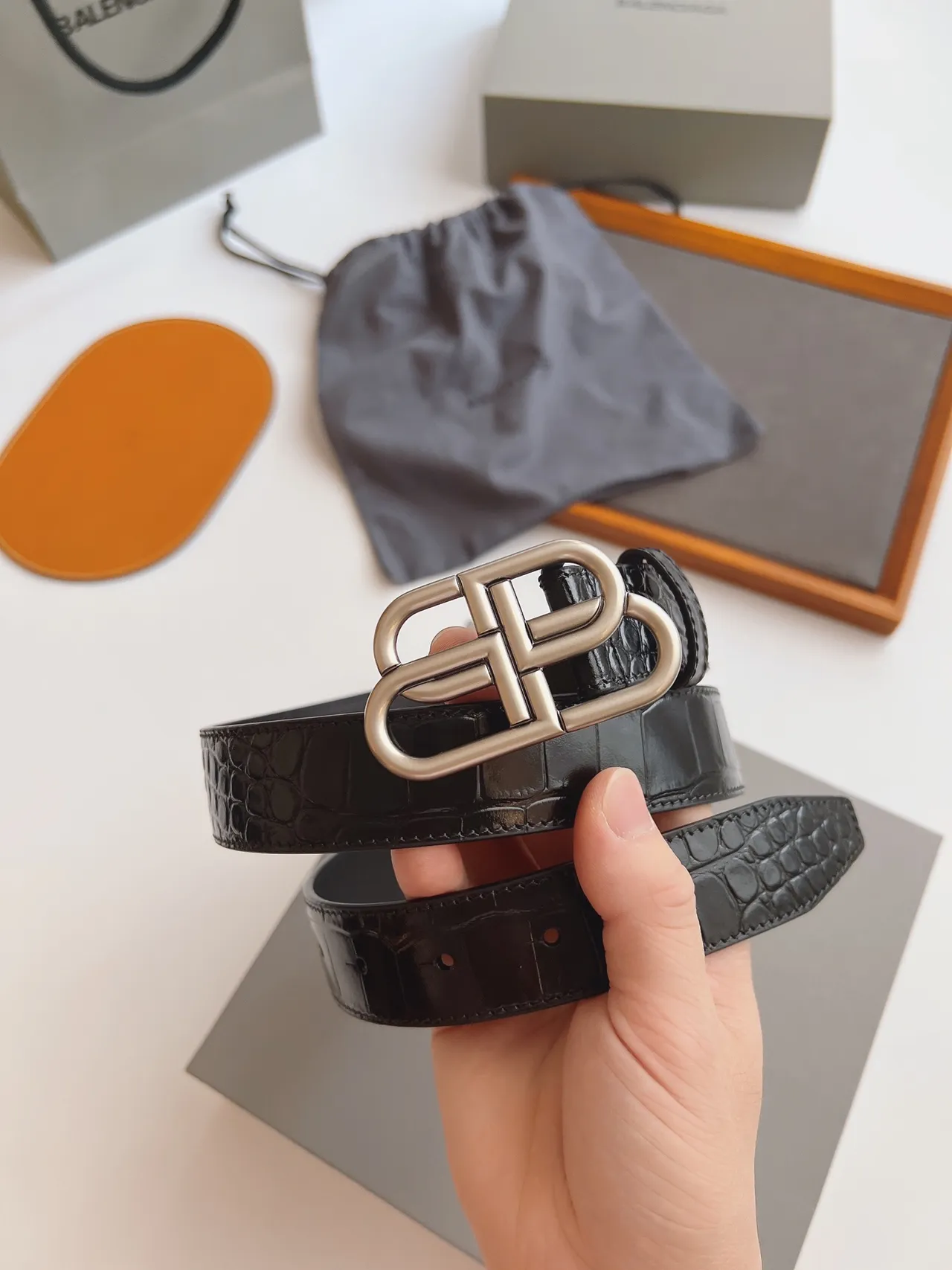 Balenciaga BB Belt Black Crocodile-Embossed Leather Belt 2