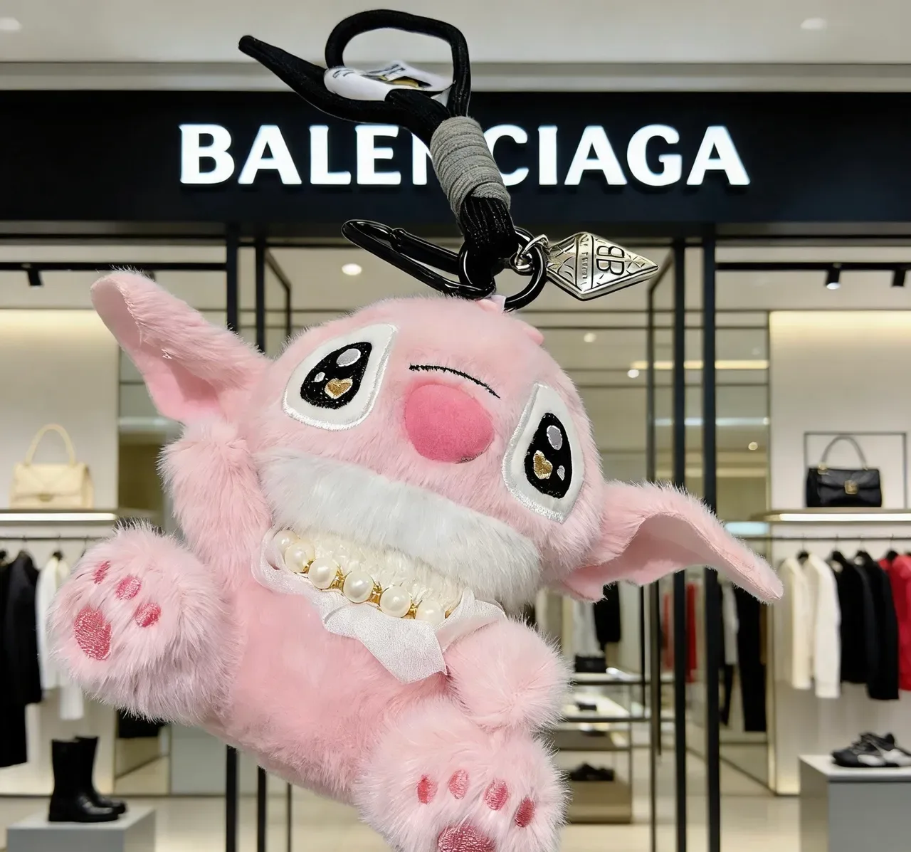 Balenciaga BB Logo Pink White Plush Stuffed Character Satin Bow Collar Handbag 3
