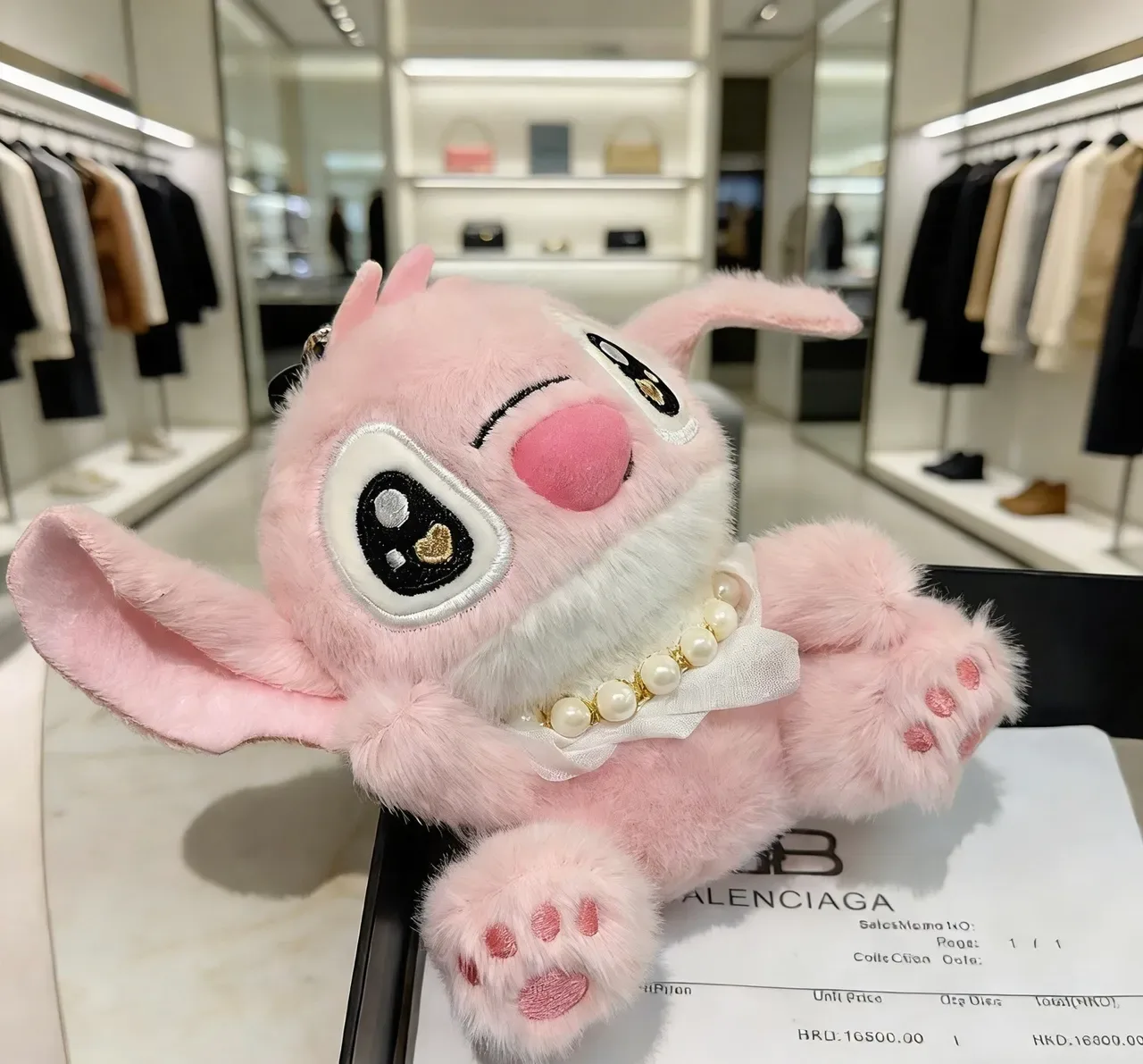 Balenciaga BB Logo Pink White Plush Stuffed Character Satin Bow Collar Handbag 4