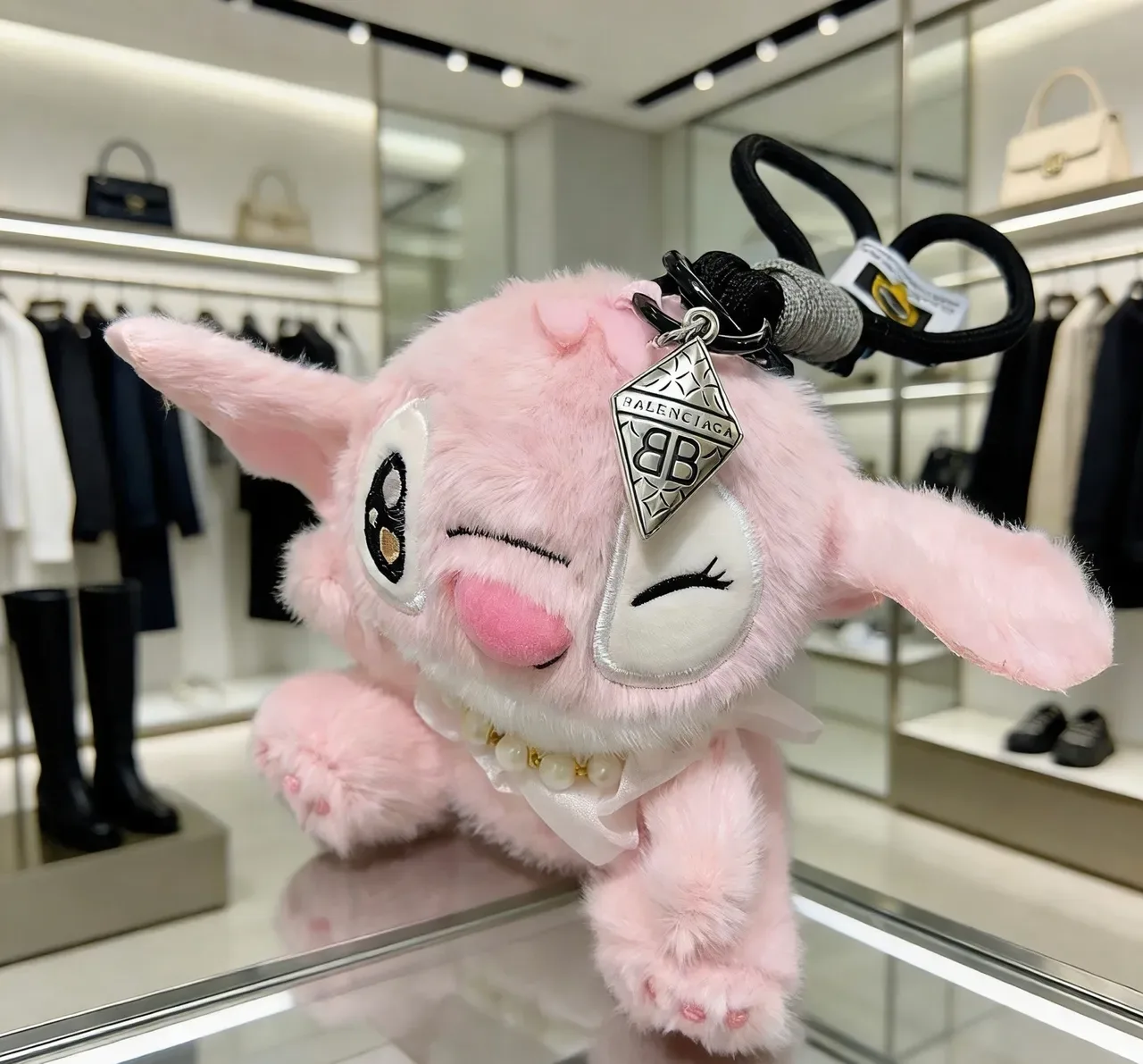 Balenciaga BB Logo Pink White Plush Stuffed Character Satin Bow Collar Handbag 5