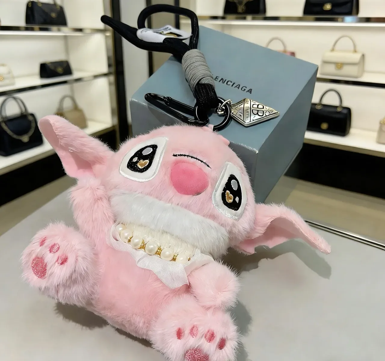 Balenciaga BB Logo Pink White Plush Stuffed Character Satin Bow Collar Handbag 7