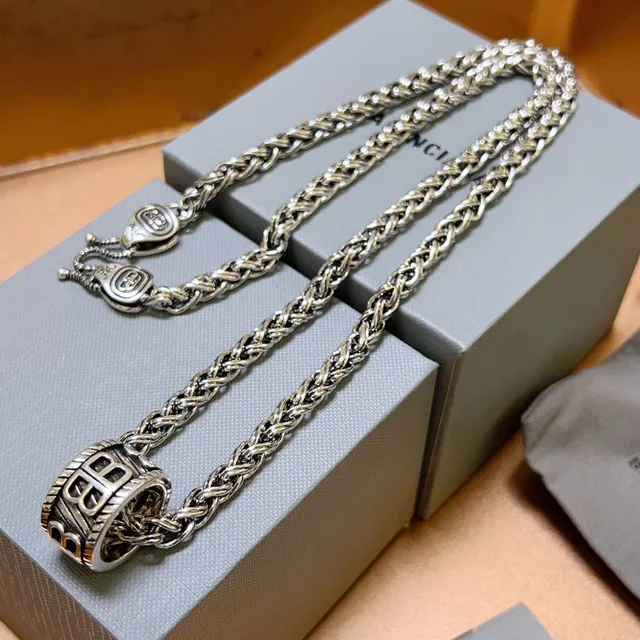 Balenciaga BB Pendant Braided Wheat Chain Necklace 3