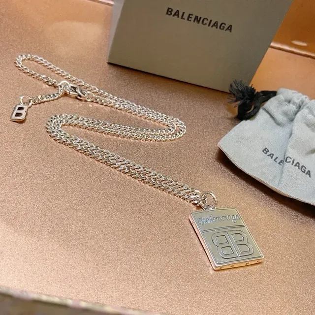 Balenciaga BB Silver Chunky Curb Chain Rectangular Engraved Pendant Necklace 2