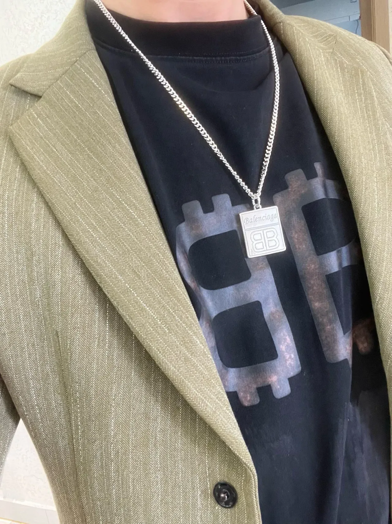 Balenciaga BB Silver Chunky Curb Chain Rectangular Engraved Pendant Necklace 3