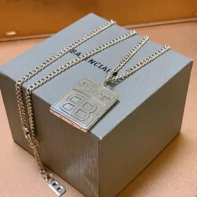 Balenciaga BB Silver Chunky Curb Chain Rectangular Engraved Pendant Necklace 4