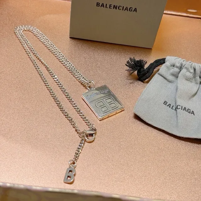 Balenciaga BB Silver Chunky Curb Chain Rectangular Engraved Pendant Necklace 5