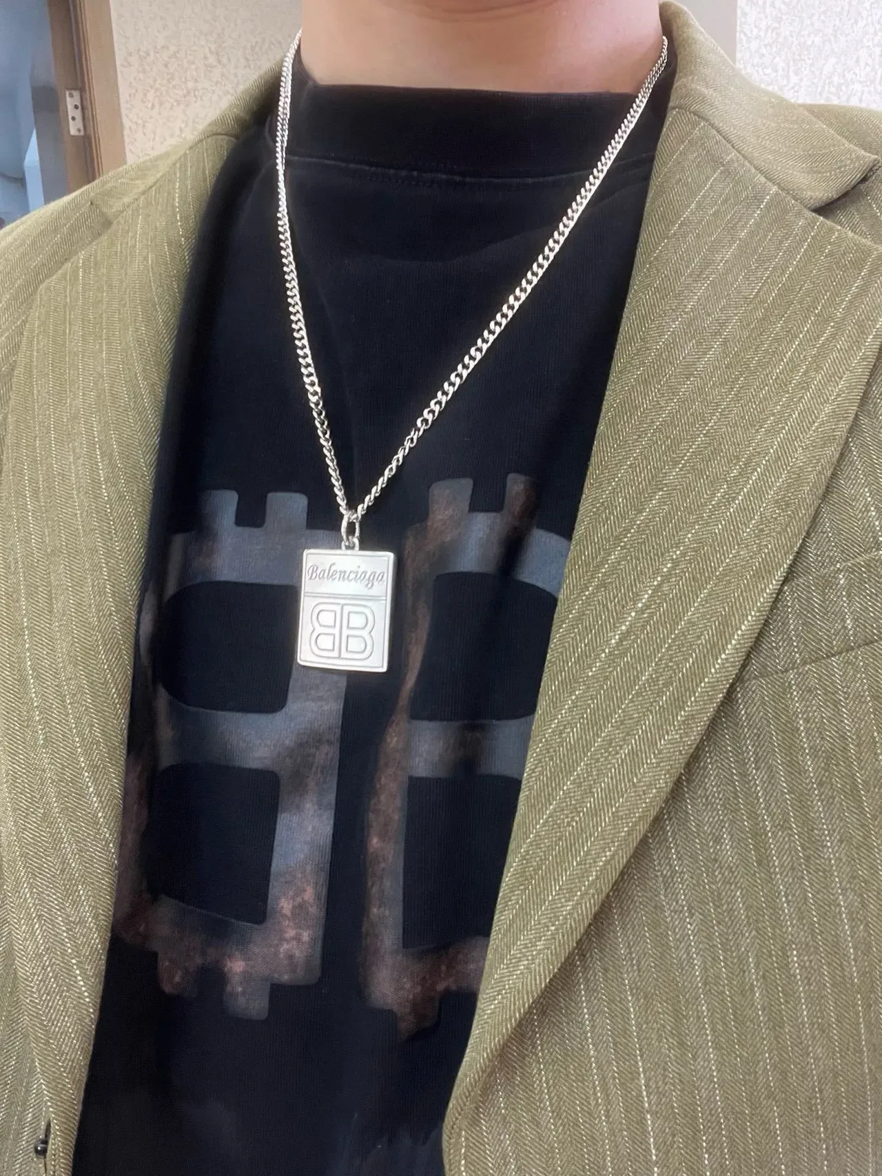 Balenciaga BB Silver Chunky Curb Chain Rectangular Engraved Pendant Necklace 6