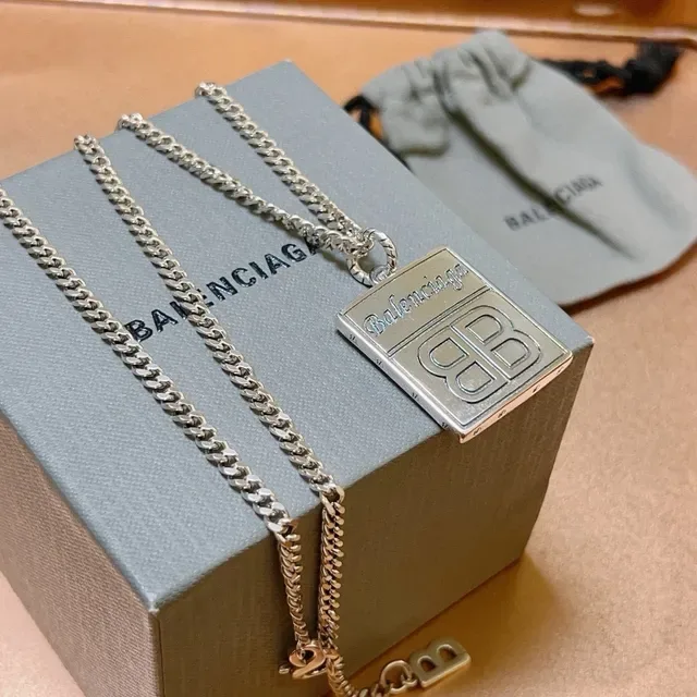 Balenciaga BB Silver Chunky Curb Chain Rectangular Engraved Pendant Necklace 8