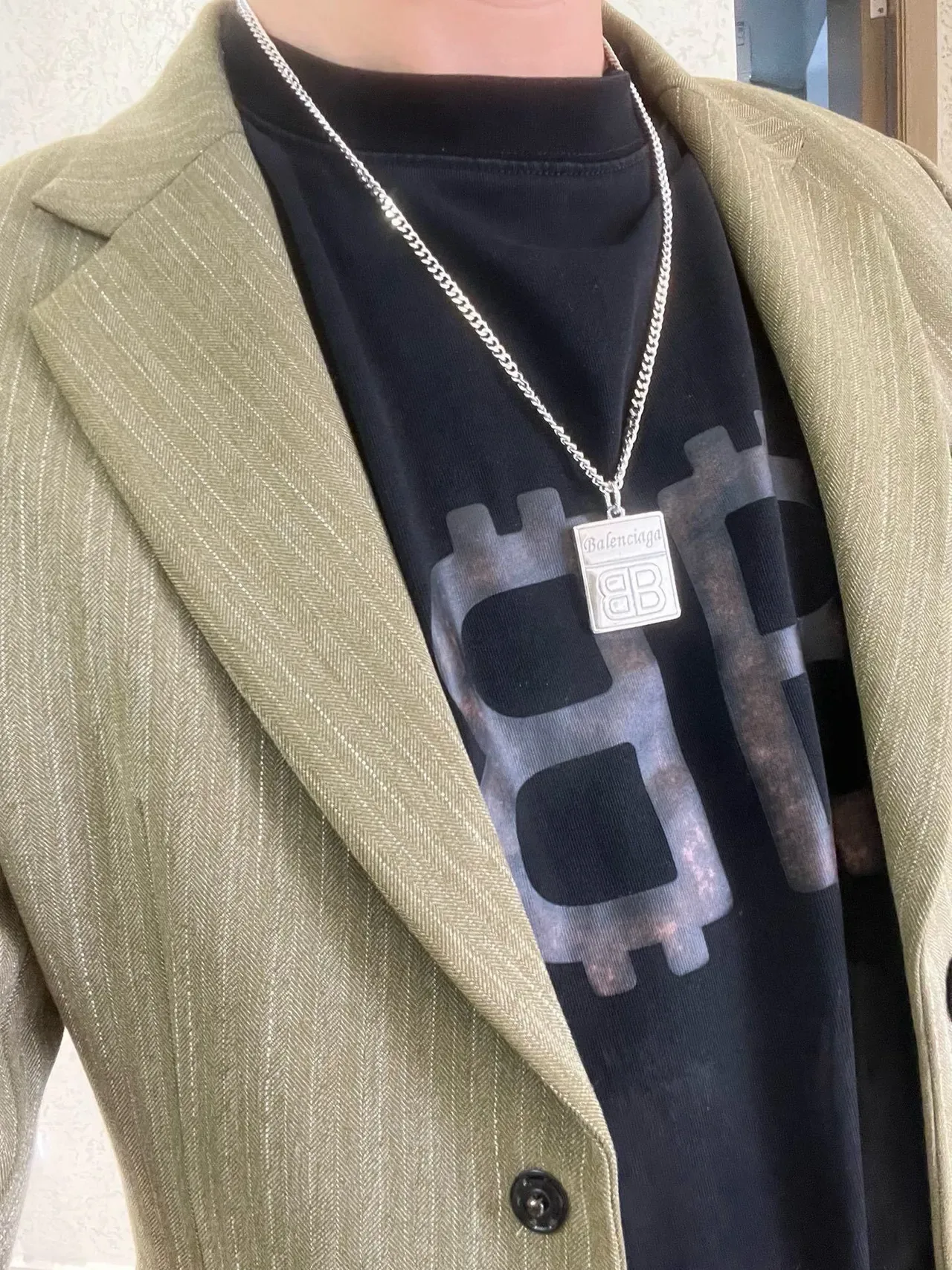 Balenciaga BB Silver Chunky Curb Chain Rectangular Engraved Pendant Necklace 9