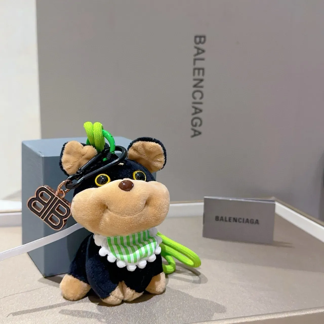 Balenciaga Black Green Plush Dog Striped Scarf Handbag 2