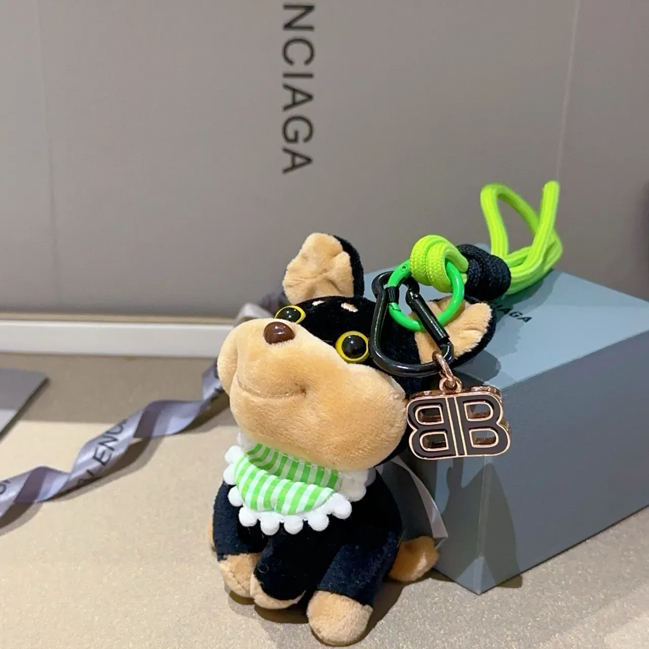 Balenciaga Black Green Plush Dog Striped Scarf Handbag 3