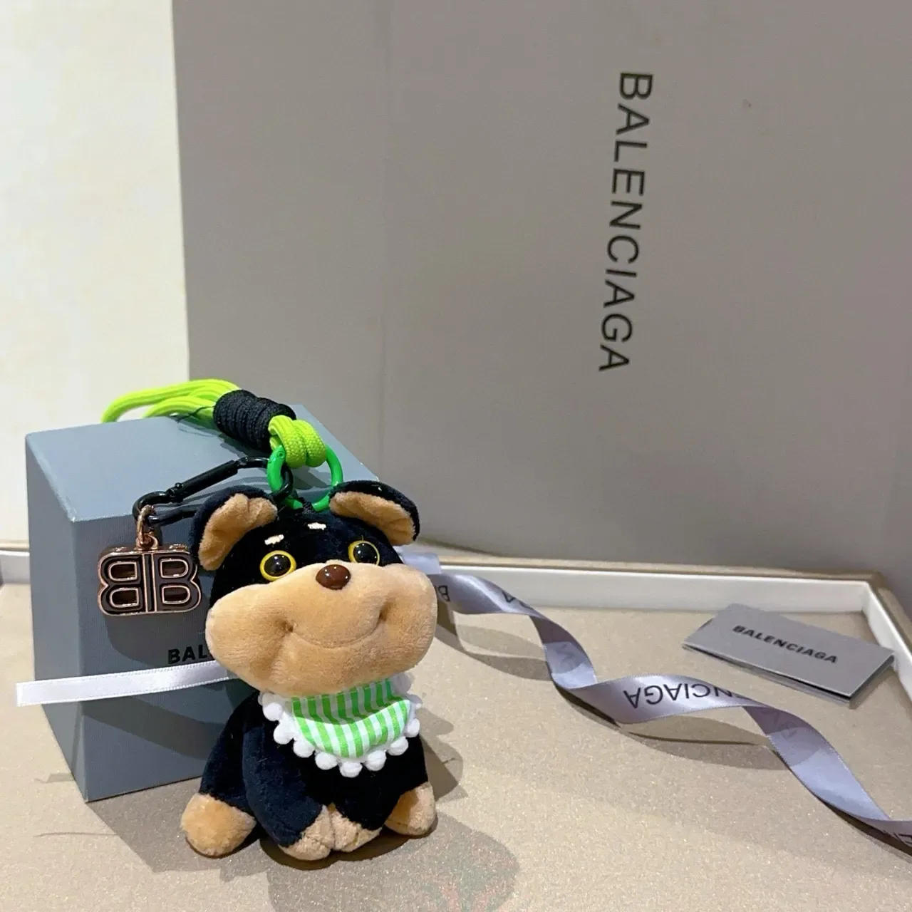 Balenciaga Black Green Plush Dog Striped Scarf Handbag 4