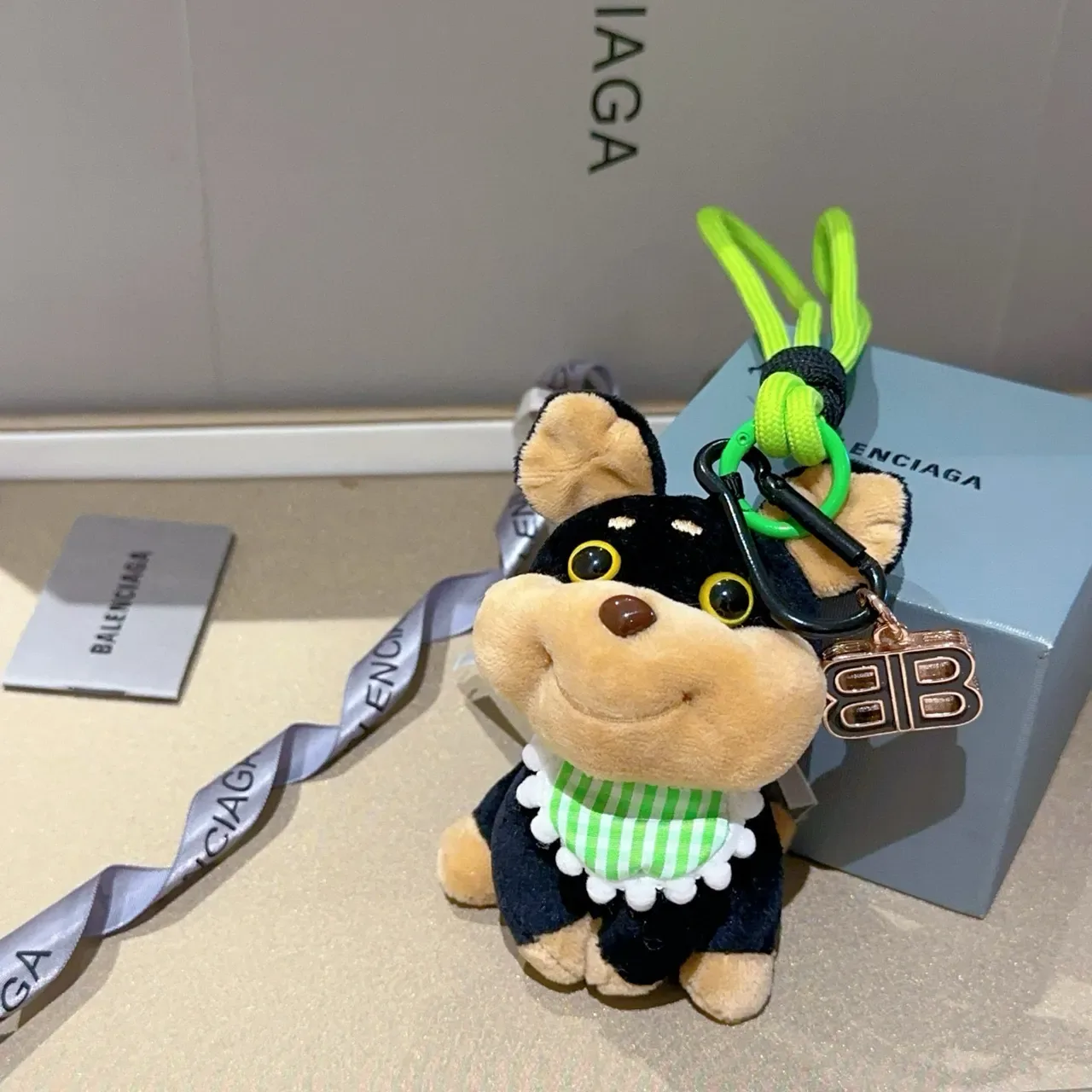 Balenciaga Black Green Plush Dog Striped Scarf Handbag 6