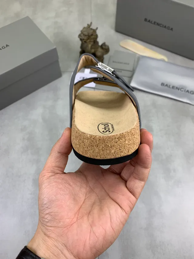 Balenciaga Dupla Fivela Slide Couro Cinza 3