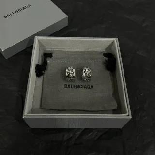 Balenciaga Aretes Hoop Logotipo Geométrico Plata Negro Motivo Aretes Rectangulares