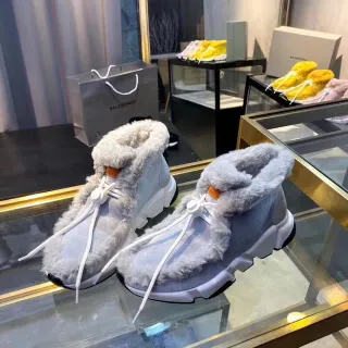 Balenciaga Gray White Fur-Trimmed Collar Chunky Sculpted Sole Ankle Boots